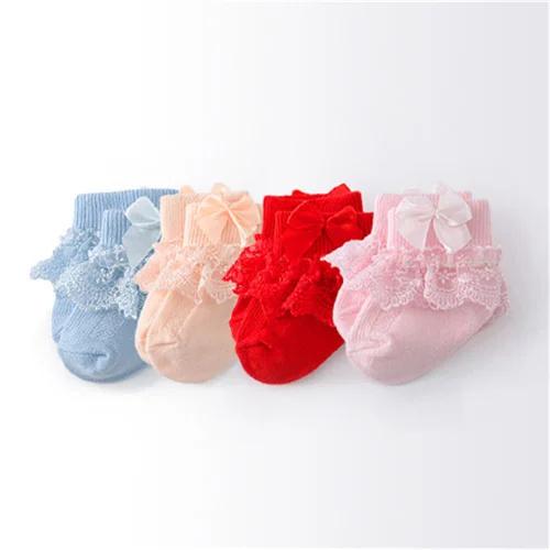 4 Paare/Los Frühling Herbst Neugeborene Babysocken für Mädchen Baumwolle Spitze Säuglingsmädchen Socke Prinzessin Schleife Kleinkind Baby Mädchen Socken 0-24M