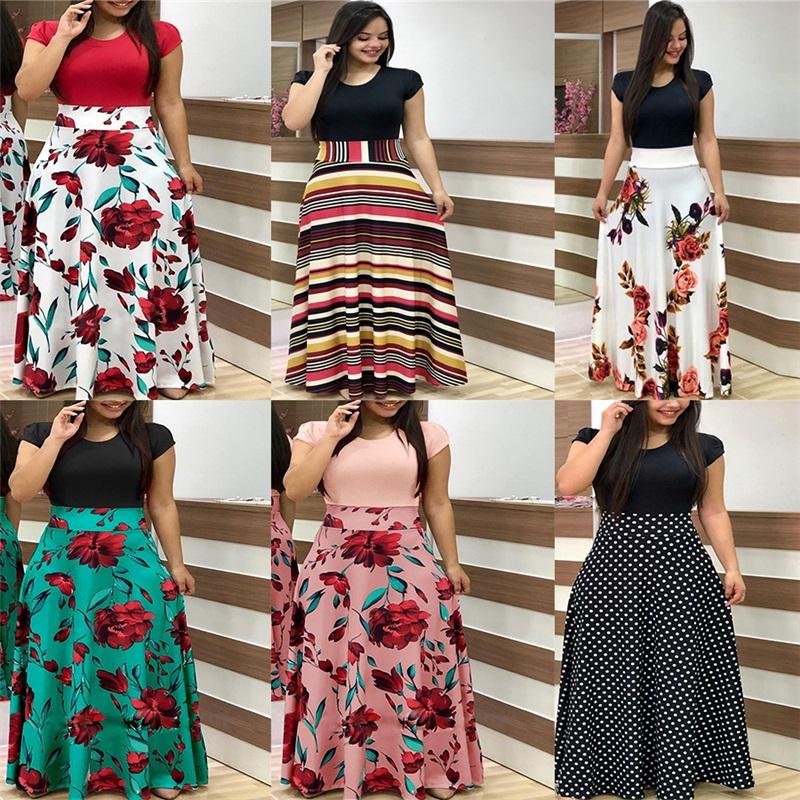 Flower Print Color Matching Short-sleeved Plus Size Dress Women