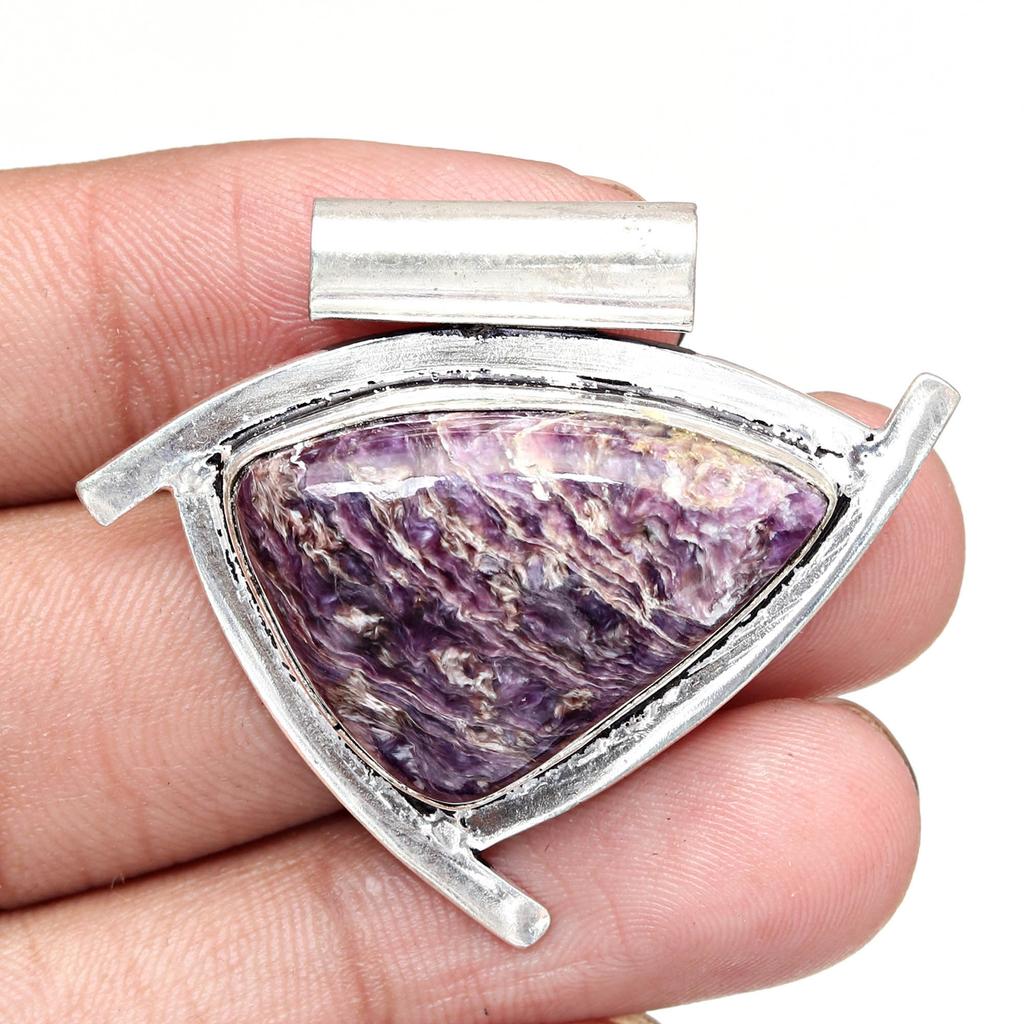Gemstone Silver Cheroite  Pendant 2.5" Jewelry Russian Tanzanite Ethnic
