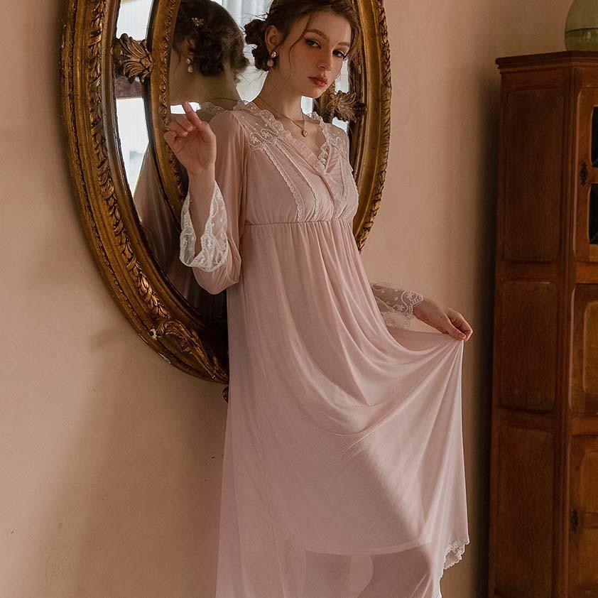 Court style long-sleeved pajamas women's skirts sweet princess mesh modal can wear loungewear plus size sexy pajamas