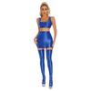Womens Glossy Crop Top Skirt Set Sleeveless Racerback with Thigh High Stockings Partywear