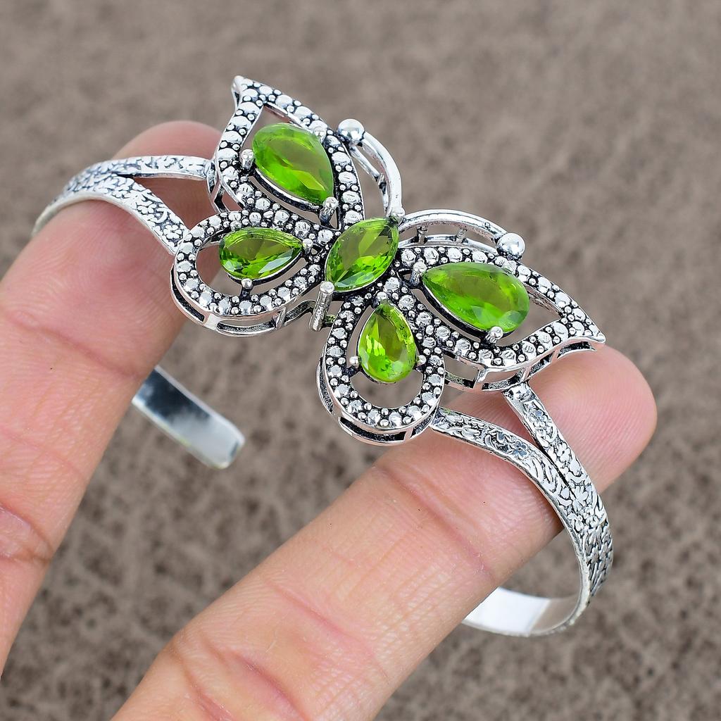 Peridot Gemstone Handmade 925 Sterling Silver Cuff Bangle Adjustable KKG-101