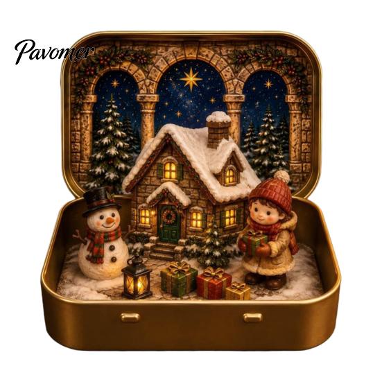 Christmas Mantel Decor Tiny Wonderland in a Tin, Mini Holiday Diorama Decor, Miniature Winter Decorative Metal Tin Scene with Santa, Tree, Gifts