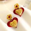 Red Heart Dangle Earrings Love Heart Dangle Drop Earrings with Flowers Women Hypoallergenic Artistic Earrings for Dating Party