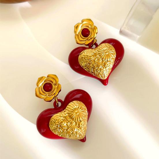 Red Heart Dangle Earrings Love Heart Dangle Drop Earrings with Flowers Women Hypoallergenic Artistic Earrings for Dating Party