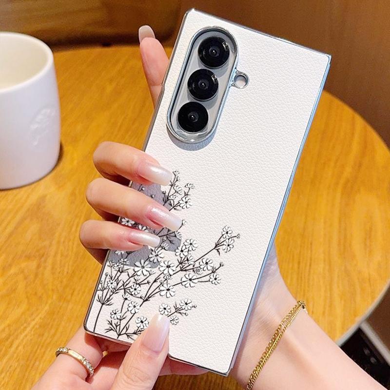 Line Flower Pattern Case For Samsung Z Fold 7 6 5 Luxury Hybrid 3in1 Leather Skin Plating Folding Phone Cover For Samsung Z Fold7 Fold6 Fold5