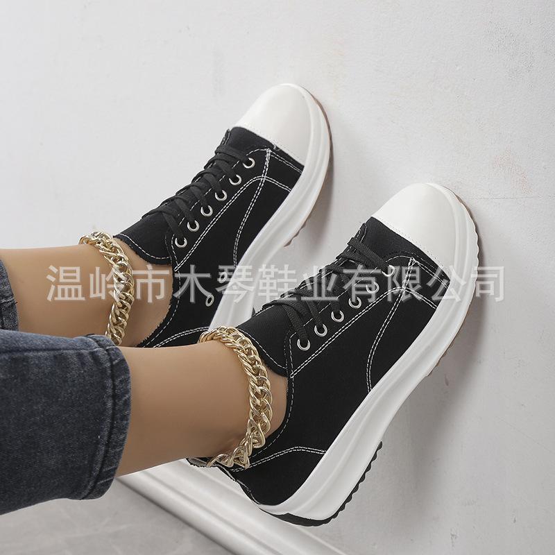 European and American large-size casual single shoes women's 2025 spring and autumn new round head lace-up thick-soled low-top canvas single shoes