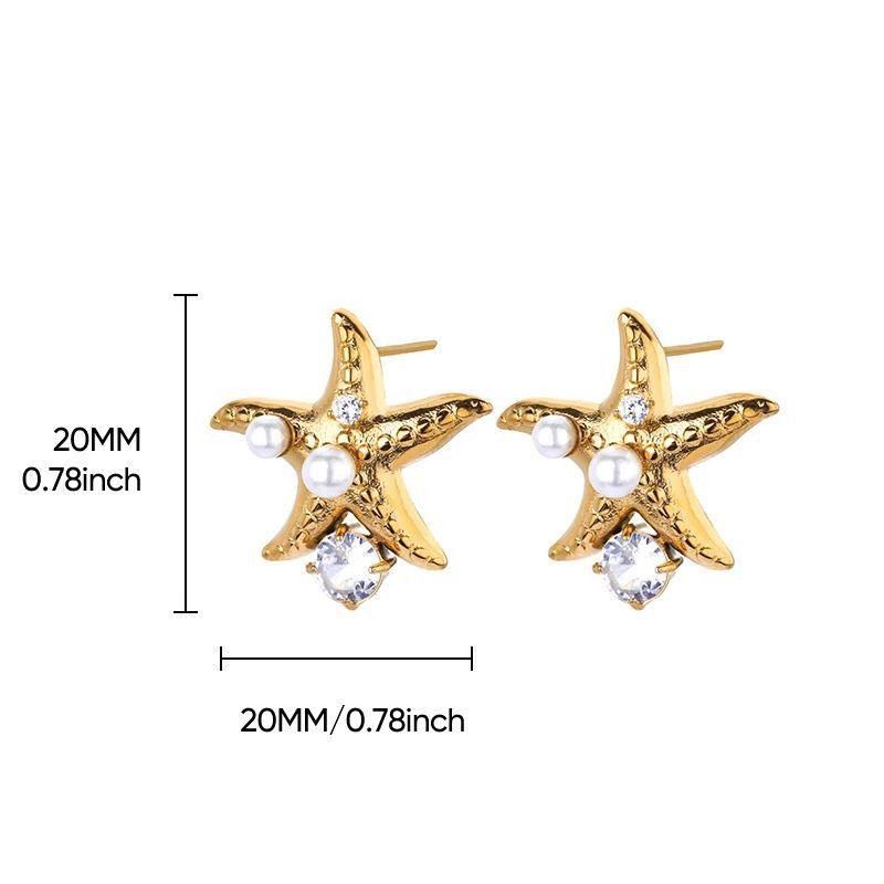 Fashion Exaggerated Starfish Flower Earrings Women's K Gold Plated Stainless Steel Gold Plated Pearl Inlaid Oil Pressure Earrings