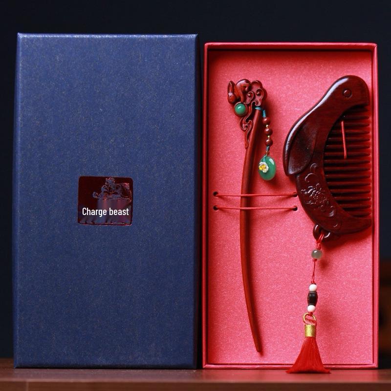 Indonesian Rosewood Carved Hairpin & Comb Set in Elegant Gift Box