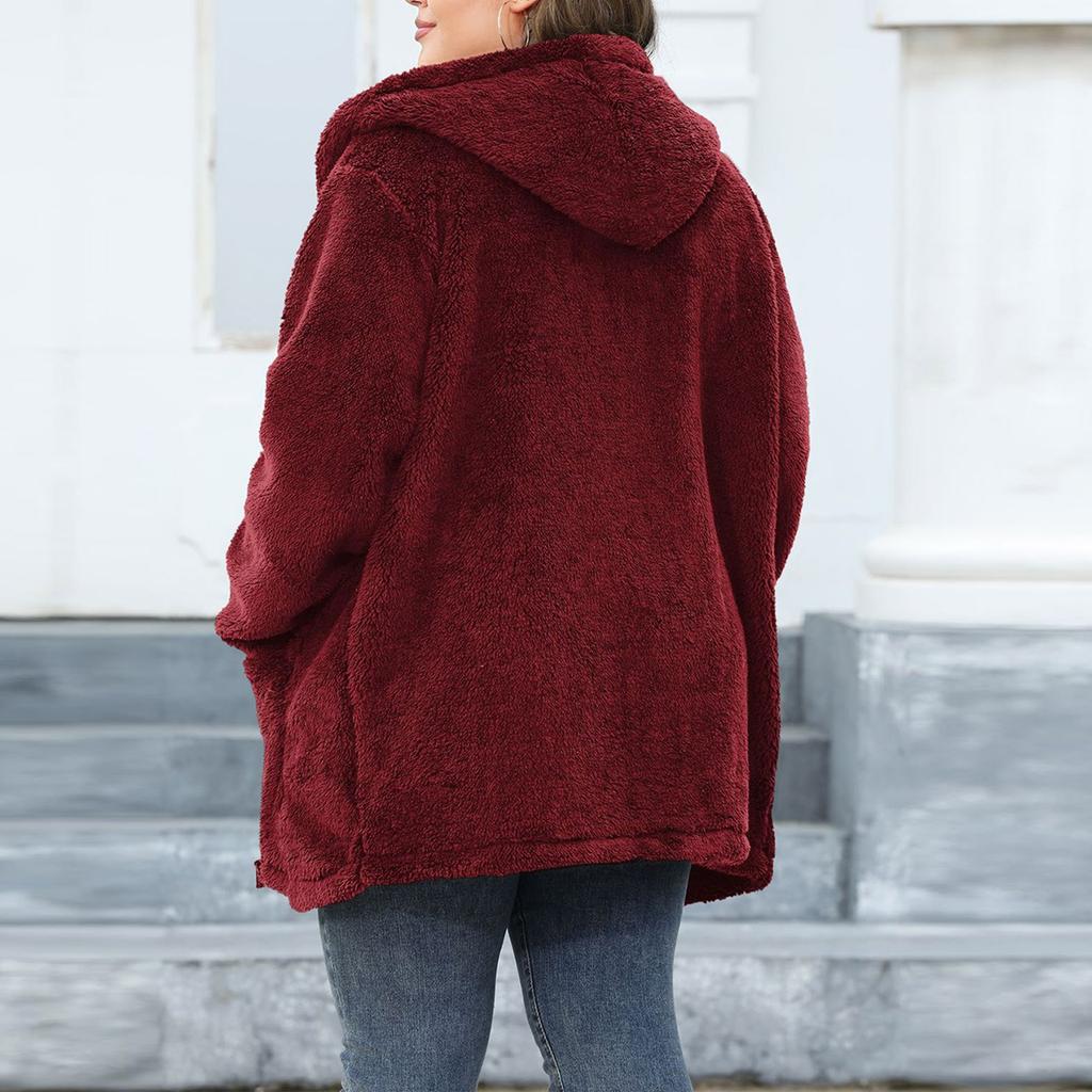 Modny damski płaszcz plus size z grubym kapturem i pluszowym wykończeniem