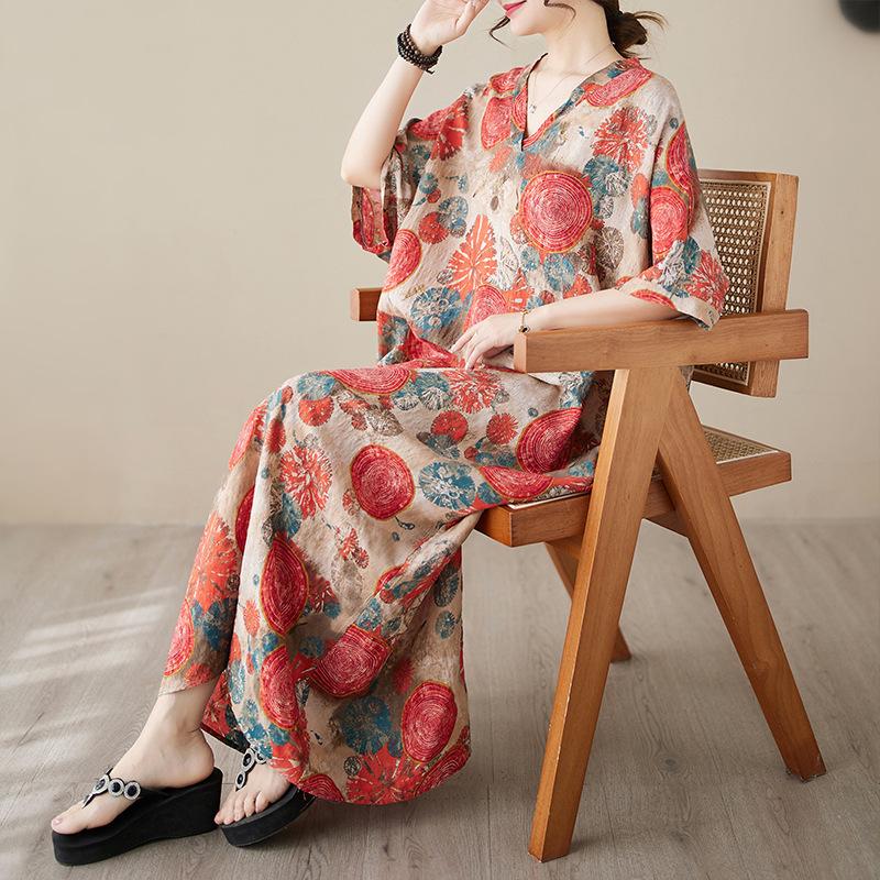Real Shot Summer Thin V-neck Cotton and Linen Large Size Loose Medium and Long Literary Holiday Style Beach Dress Women