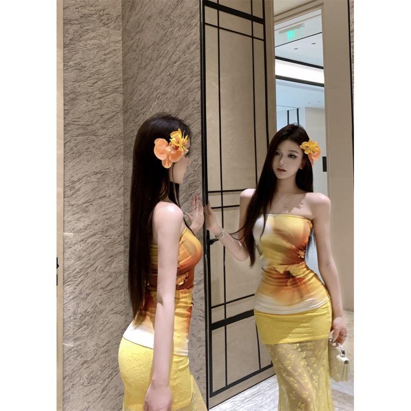 Sexy Babes Dopamine Vacation Yellow Print Tube Top Dress Women's Seaside Two-piece Suit Long Dress