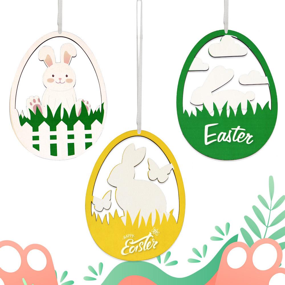Decorative Rabbit White And Colorful Egg Wooden Ornaments For Festive Easter Decor