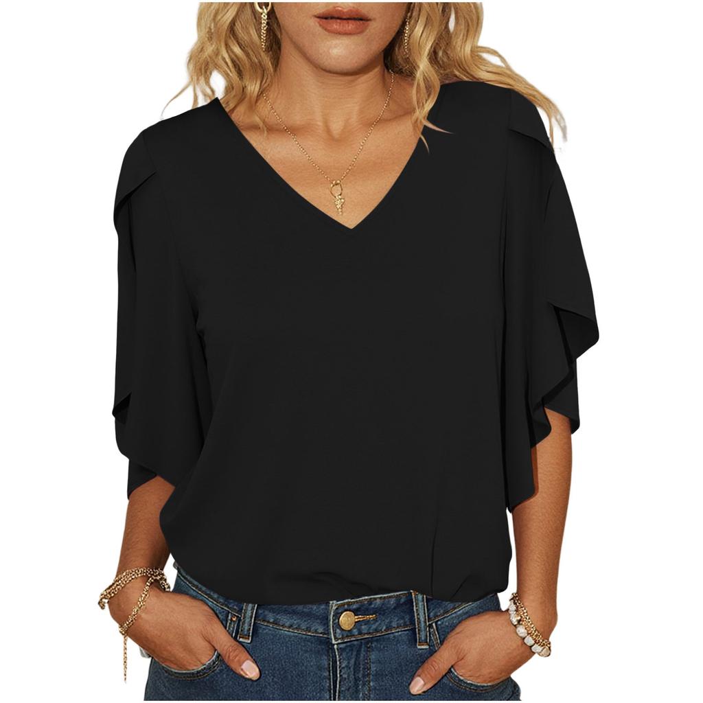 Women's Loose Fit Chiffon Blouse V Neck Casual Top Lightweight Flowing Sleeve Shirt for Everyday Wear