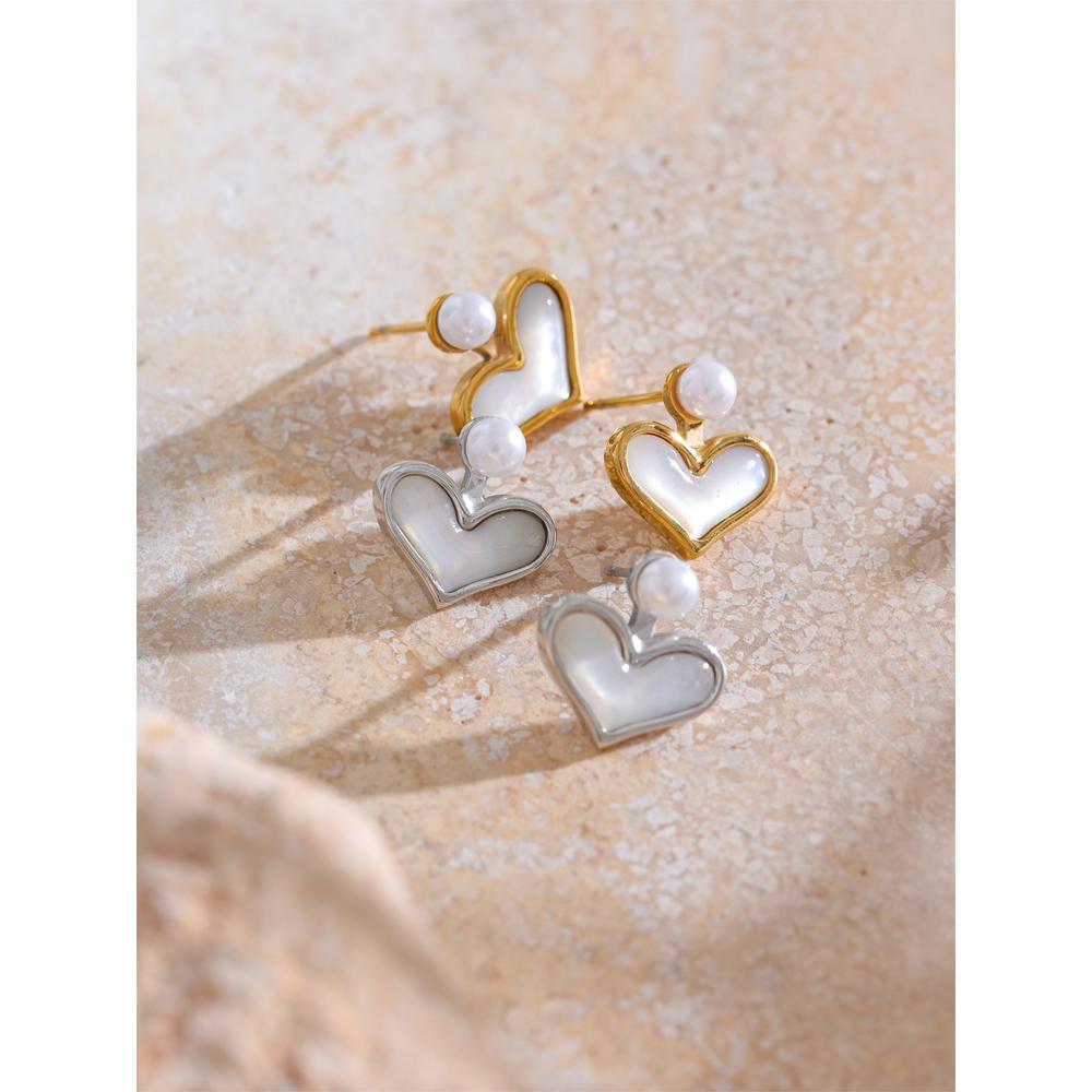 Yhpup Korean Delicate Natural Shell Simulated Pearl Heart Chic Stud Earrings Stainless Steel Office Ladies Waterproof Jewelry