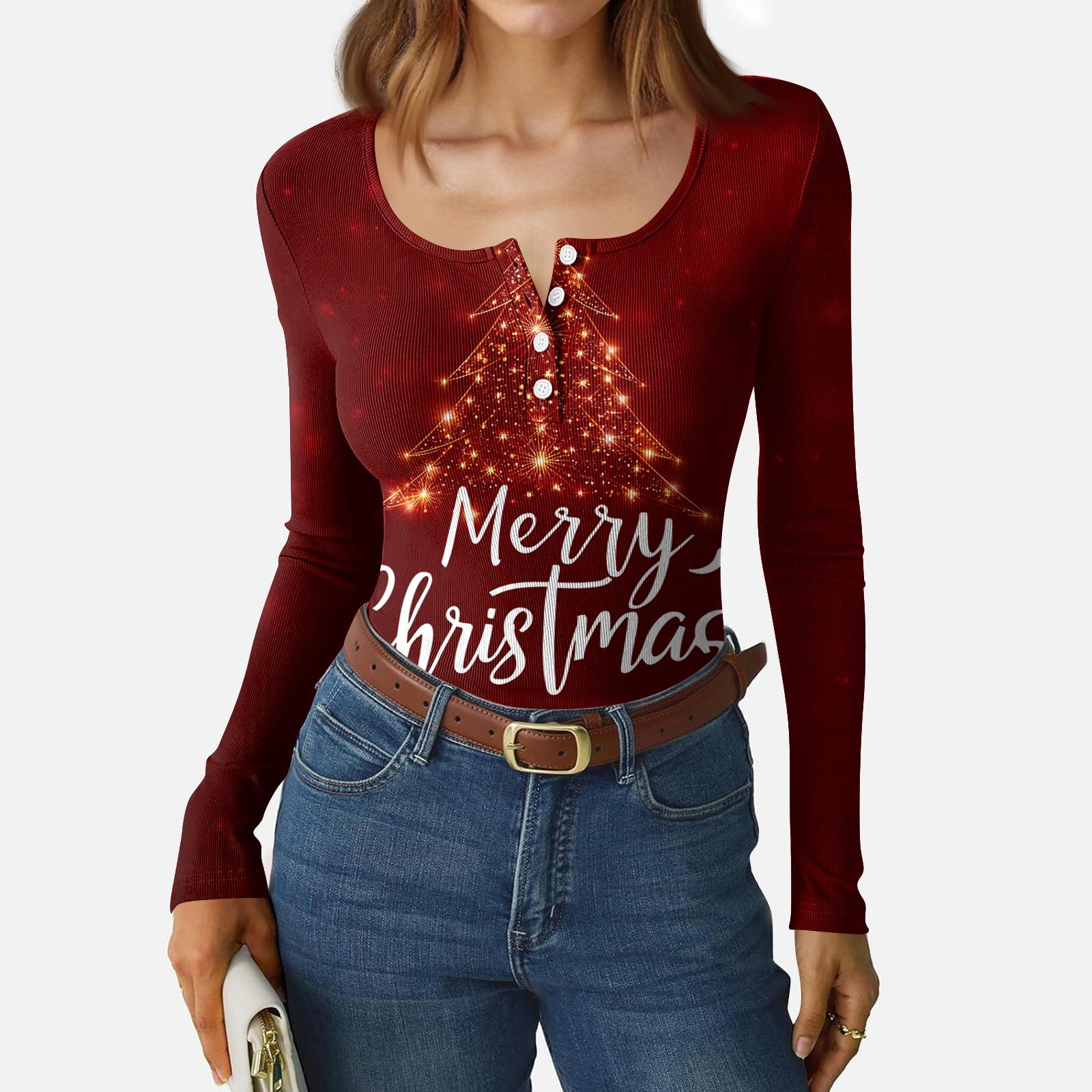 

Women s Casual Fashion Christmas Print Button Long Sleeve Top XL