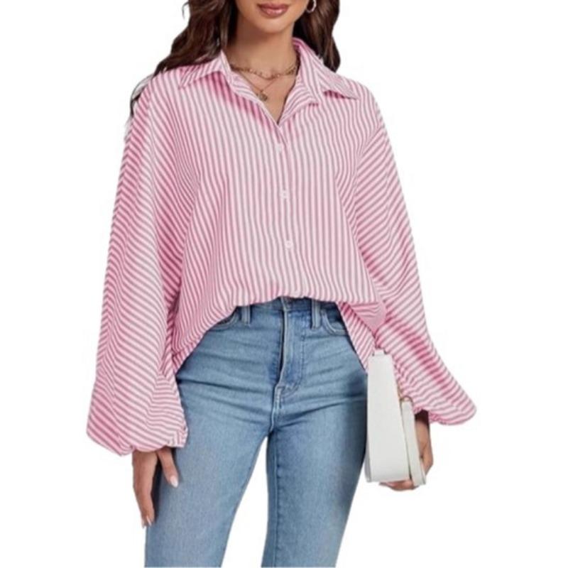 Women's Elegant Loose Casual Single Breasted Striped Shirt Lantern Sleeve Long Sleeve Lapel Shirt