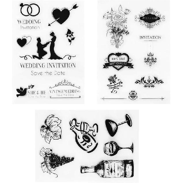

3 Sheets Wedding Invitation Clear Stamp Silicone Stamp Cards with Champagne, Heart, Flower for Wedding Holiday Card Making and DIY Scrapbooking Weddingx3