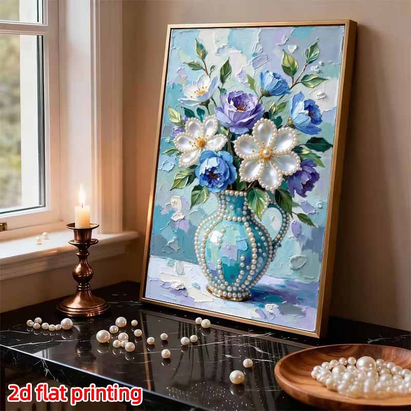 DIY Frameless Pearl Painting Kit Blue Vase Flowers 3D Shiny Bead Art Canvas Relaxing Creative Craft for Home Wall Decor Gift
