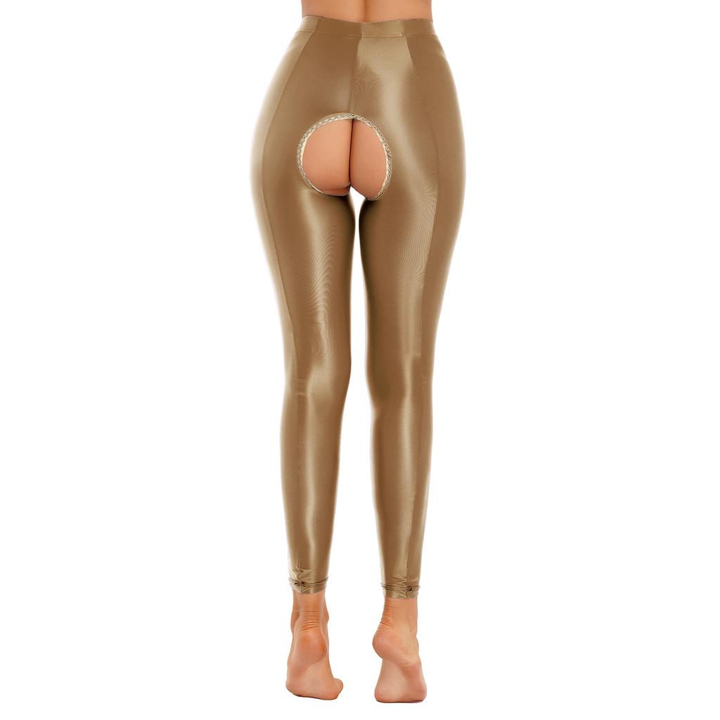Womens Glossy Stretchy Open Crotch Leggings Solid Color Elastic Waistband Skinny Pants