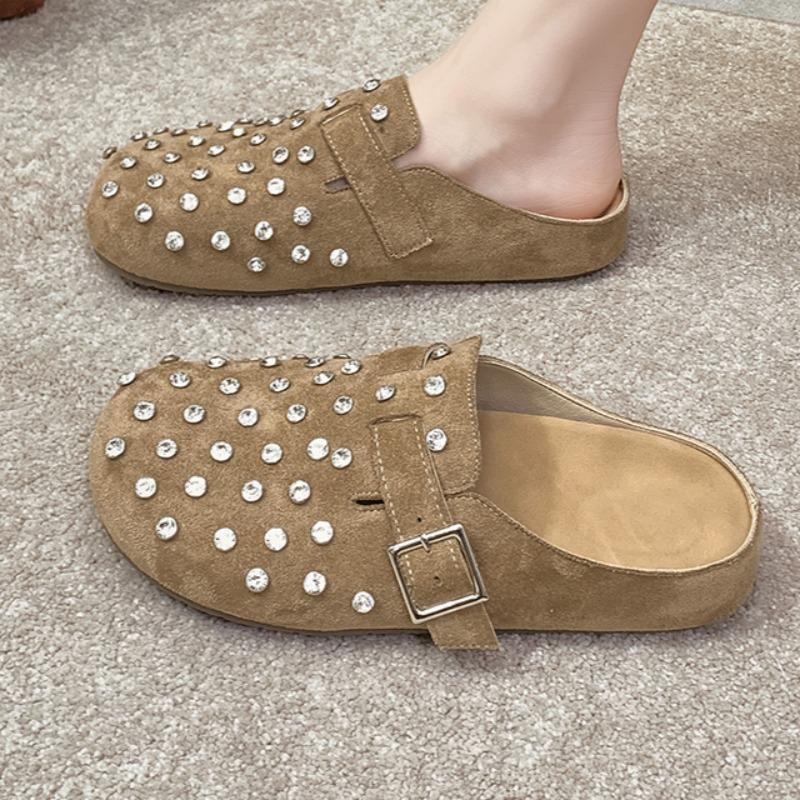 Fashion Flat Shoes Spring New Style Round Head Cow Suede Crystal Rivets Metal Buckle Soft Sole Anti-slip Wear-resistant Slippers