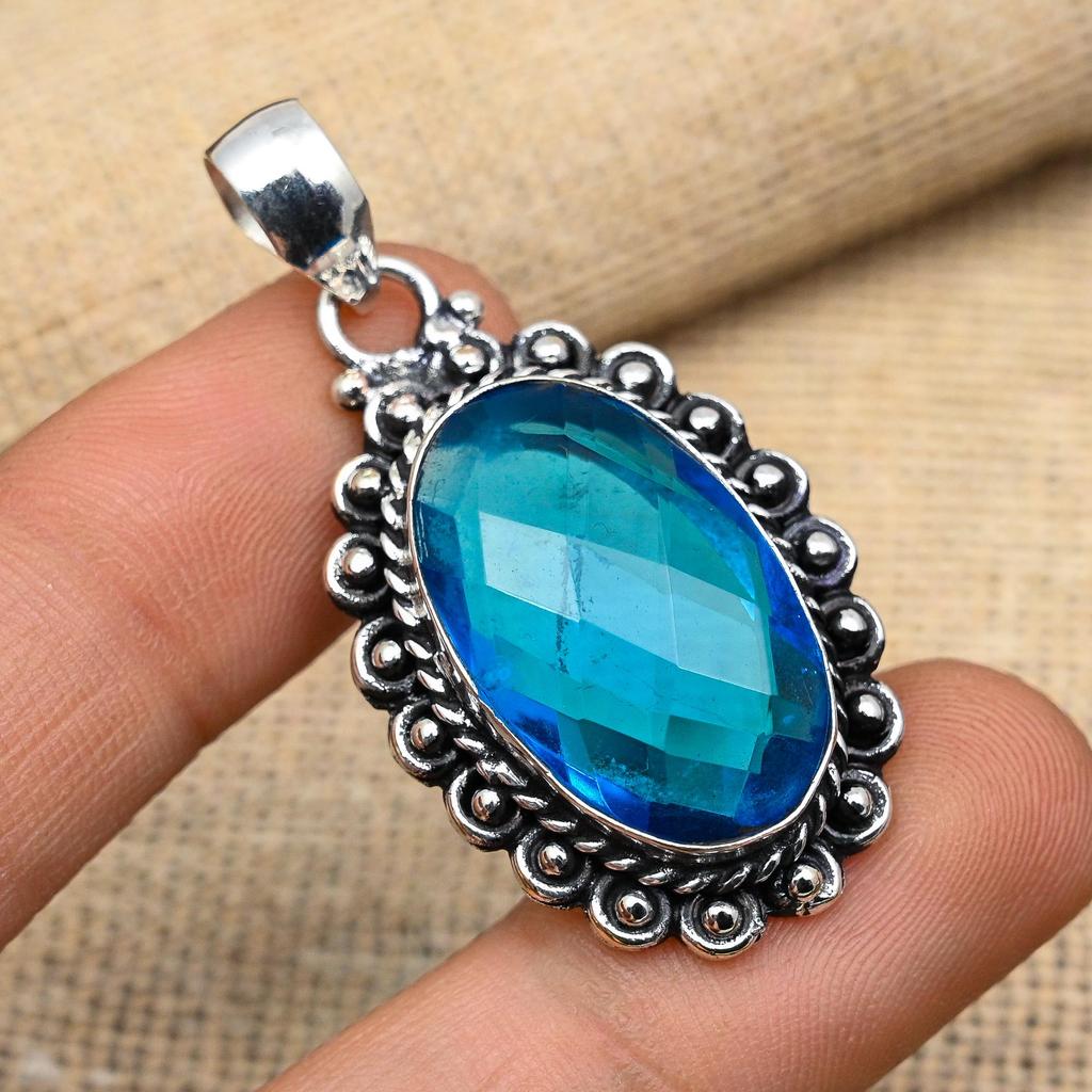 Pretty Blue Topaz Gemstone Handmade 925 Solid Sterling Silver Pendant For Wedding Gift