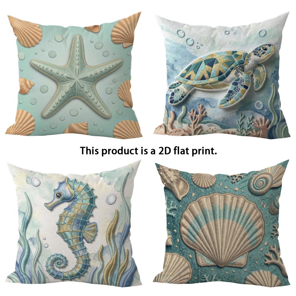1/4pcs Ocean-themed Decorative Pillow Covers Sofa Bed Cushion Cover Home Bedroom Decoration, 2D Flat Printing