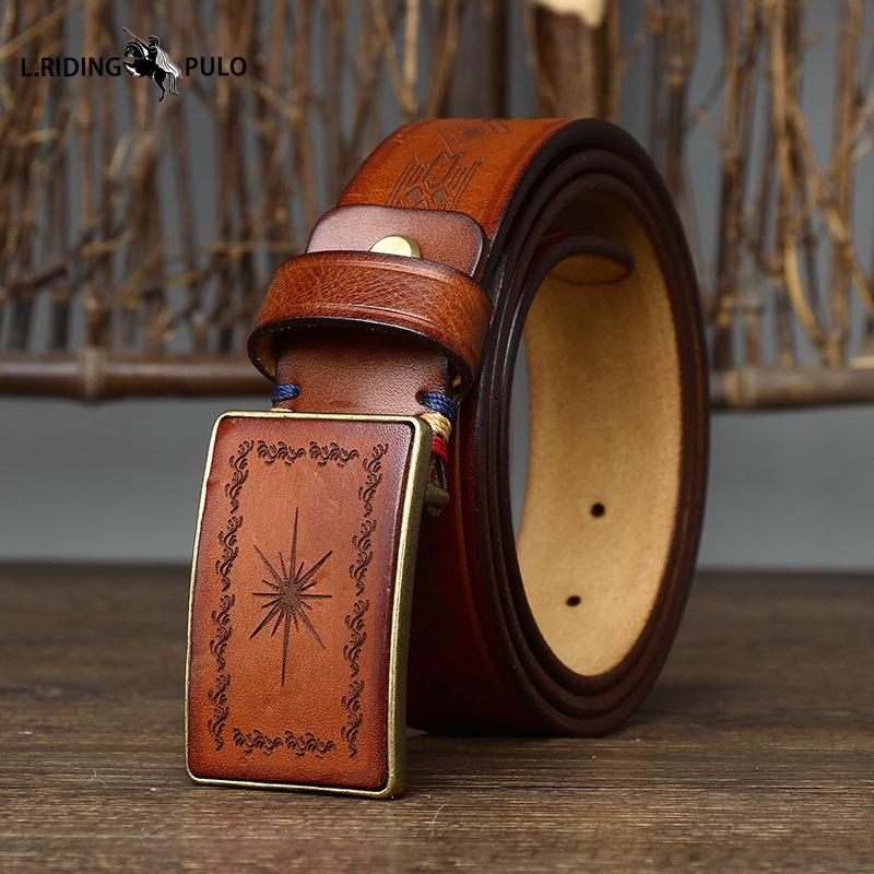 Retro Carved Pattern Trendy Handmade Smooth Buckle Belt Men's Buckle Genuine Leather Pure Cowhide Denim Belt