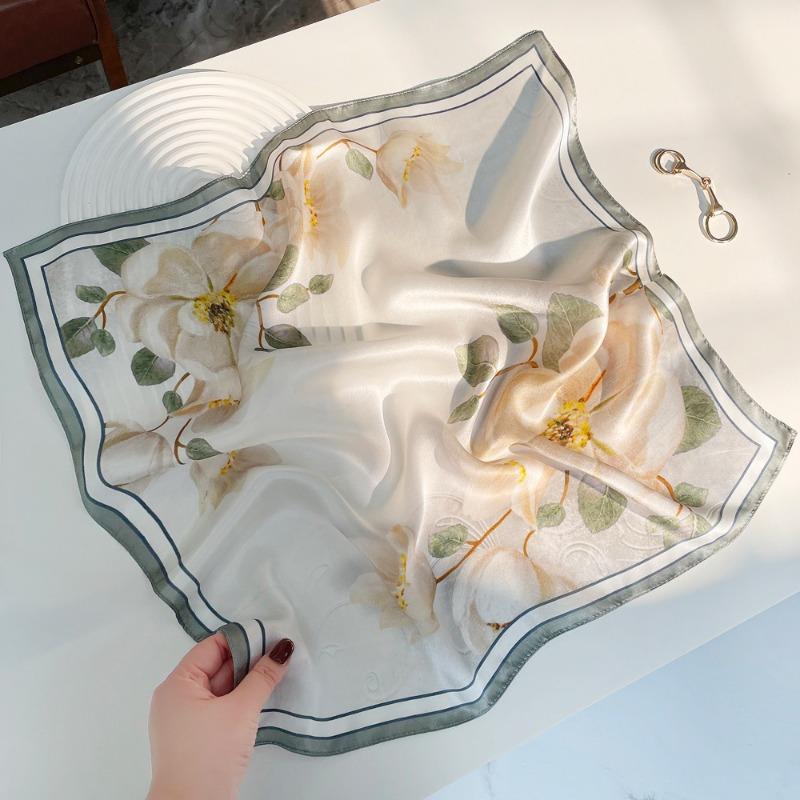 Spring new silk silk scarf women's plain and elegant flower mulberry silk small square scarf neck protection versatile fashion small scarf