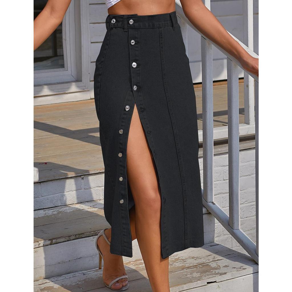 European & American Women's High-Waisted Buttoned Irregular Slit Midi Denim Skirt