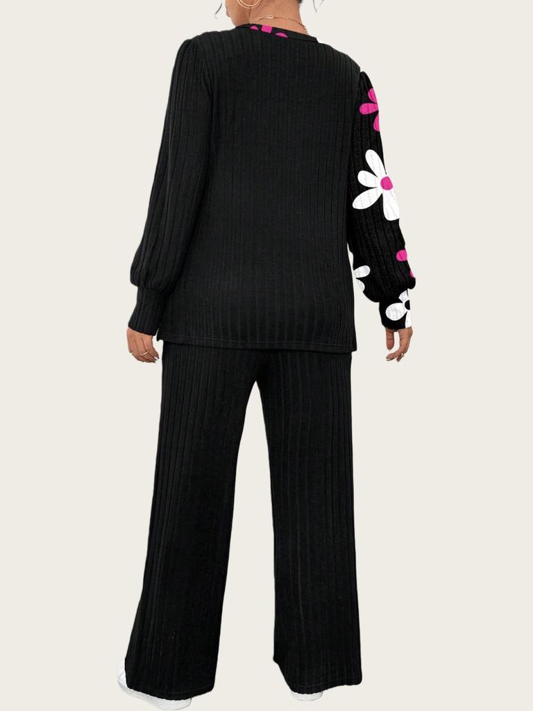 Dámská pletená souprava s barevným potiskem a rovnými kalhotami, nadměrná velikost