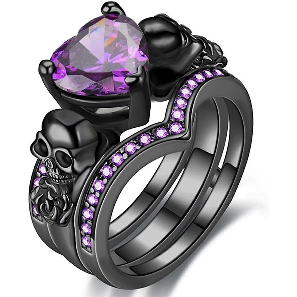 2pcs Gothic Style Stacking Ring Inlaid Zircon Horror Skull Design on The Band Multi Colors To Choose Perfect Halloween Decor