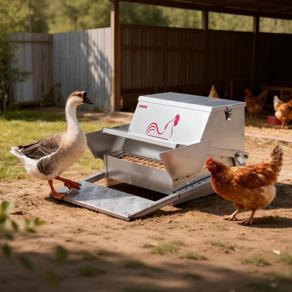 Automatischer Hühnerfutterautomat, Fassungsvermögen 11,34 kg, Regensicherer Trittbrett-Geflügelfutterautomat mit abschließbarem Deckel, Kein Verschütten, Verzinkte Stahlkonstruktion, Für den Außenbereich,