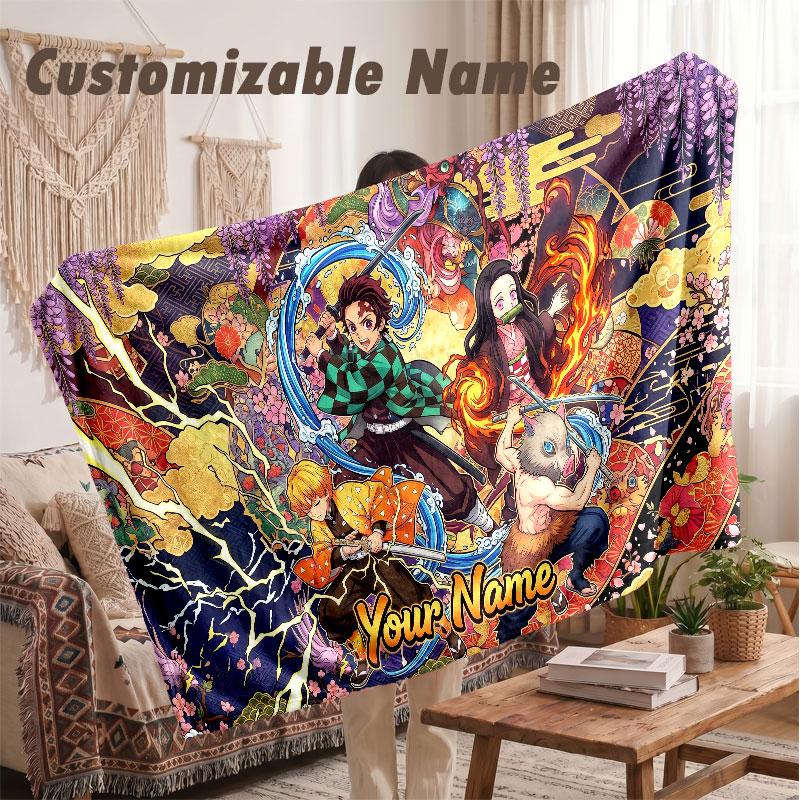 Custom Name Flannel Blanket,Demon Slayer Lightweight Warm Bed Blanket For Couch & Holiday Gift
