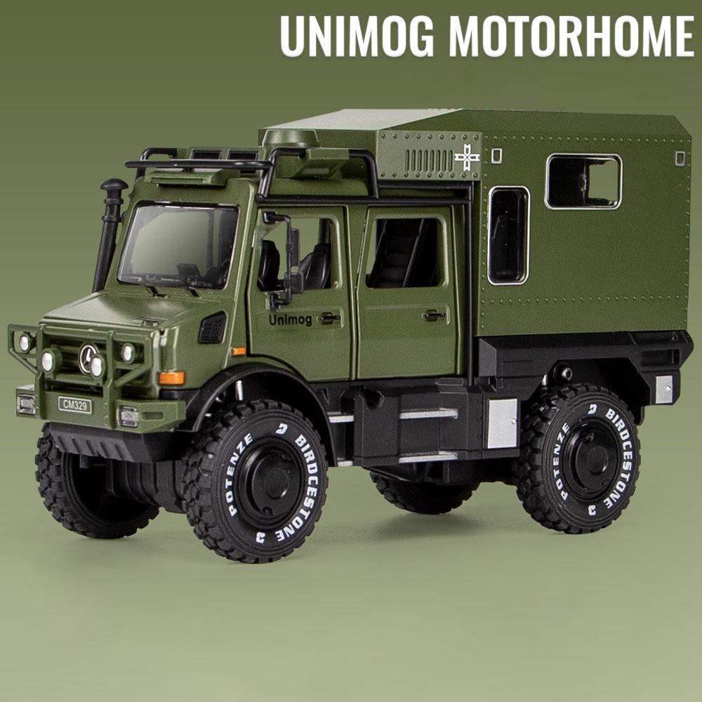 1:28 Scale X-Class 6x6 UNIMOG Motorhome Camping Car Model Toy Shock Absorption Sound Light Pull Back Off-road Vehicles Boys Gift