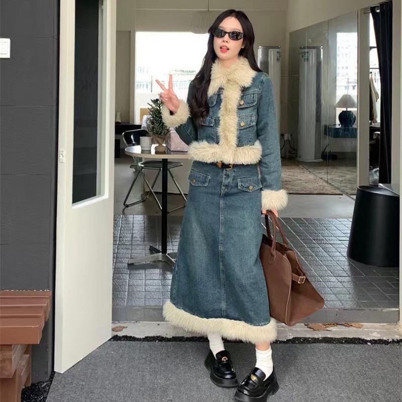Korean Drama Inspired Retro Denim Fluffy Coat & Long Skirt Two-Piece Set