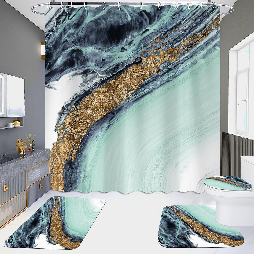 4Pcs Marble Series Shower Curtain Sets for Bathroom Non-Slip Bathroom Rugs Lid Toilet Cover Bath Mat