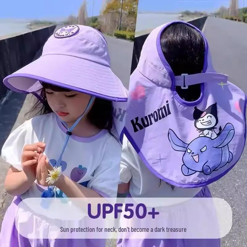 Kuromi Kids' Sun Visor Hat with Extra Large Brim & Whistle, Sun Protection Shawl, Breathable Summer Bucket Hat