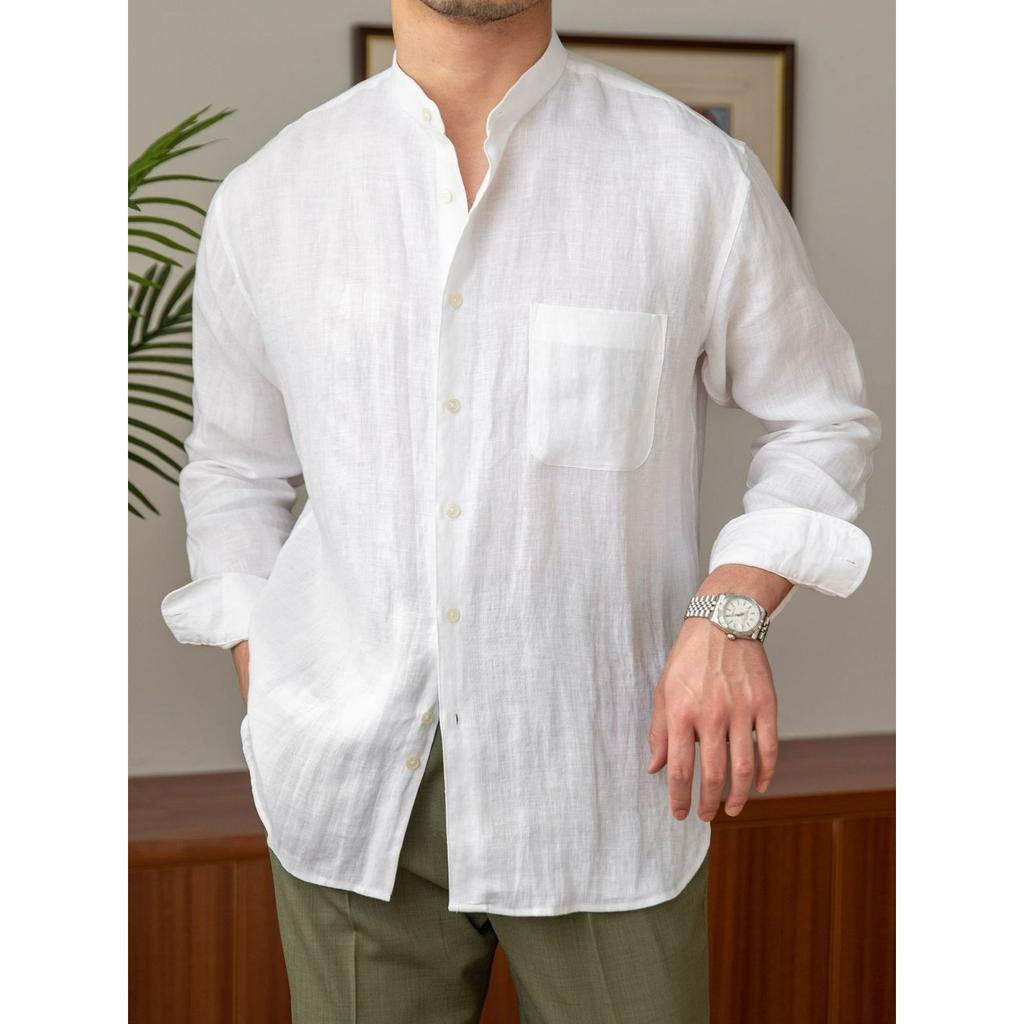 Casual Breathable Pure Linen Long-sleeved Shirt, All-match Vacation Stand-up Collar Shirt, Men's Stand-up Collar Top