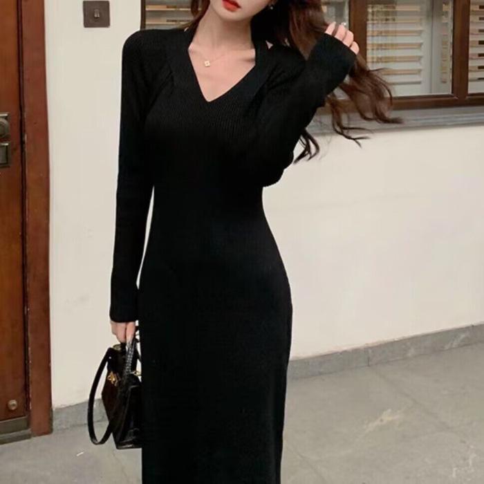 French High-End Slim V-Neck Long Dress: Autumn/Winter Trend for Women