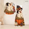 Women Plus Size Two Piece Dress Set Tie Neck Three Quarter Sleeve Cardigan Sleeveless Long Dress Halloween Ghost Pumpkin Printed White