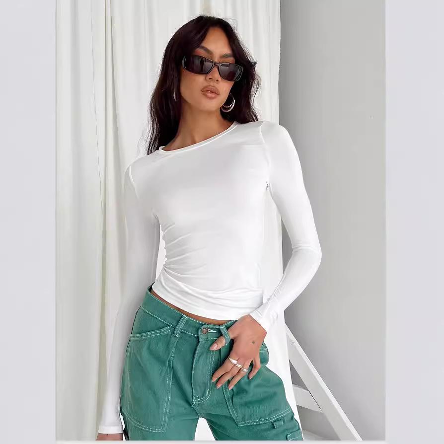 Women's European & American Style Casual Long-Sleeve Slim-Fit Solid Color Pullover T-Shirt