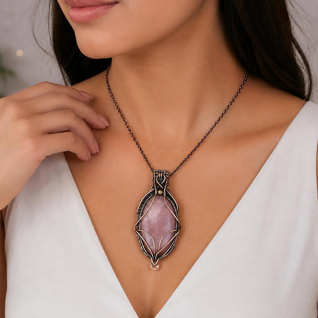 Rose Quartz Gemstone Pendant Necklace, Natural Pink Quartz Crystal Wire Wrapped Copper Jewelry Handmade Copper Pendant