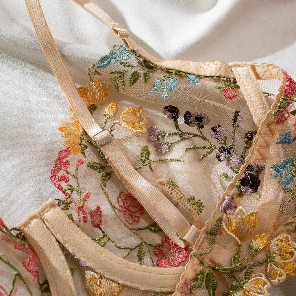 Sexy Lingerie Embroidered Flower See-through Sexy Two-Piece Suit