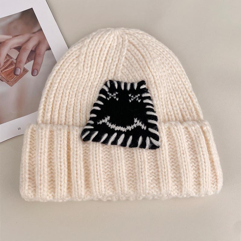 Expression Pattern Embroidery Knit Hat Women Autumn Winter Warm Thick Earmuff For Casual Outdoor Use