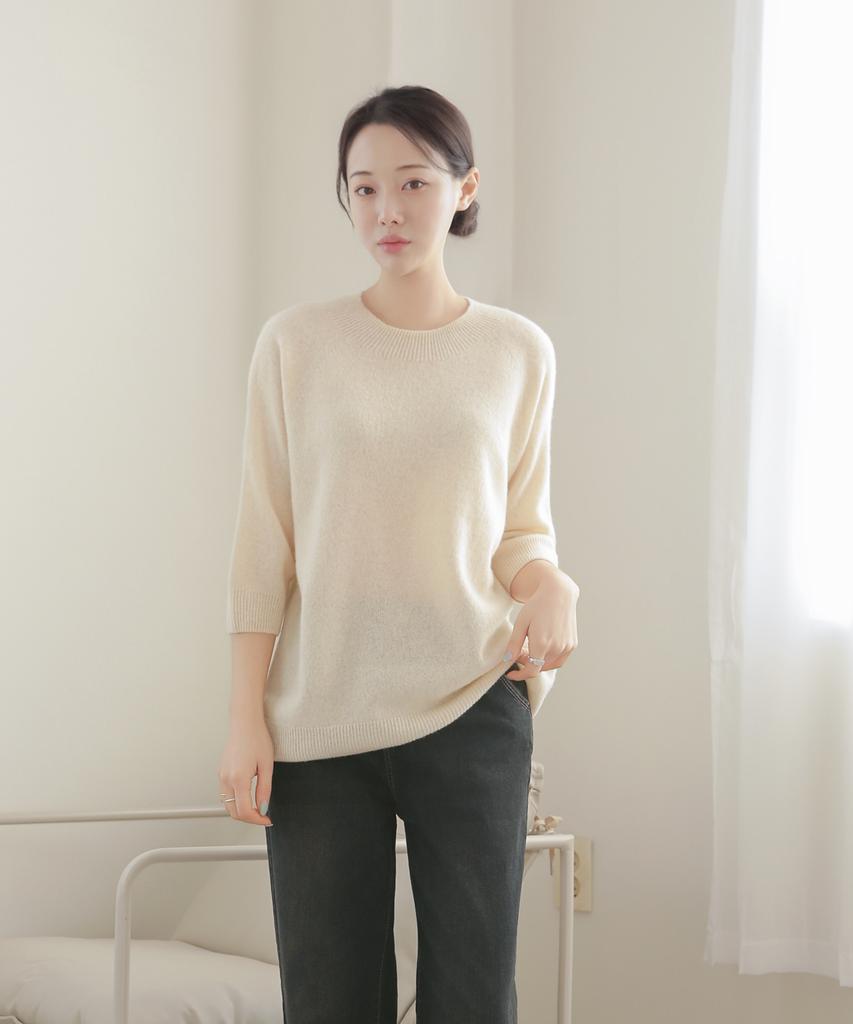 Keulleiseu 100% Wool Round Neck Raglan 3/4 Sleeve Knit_Light Purple
