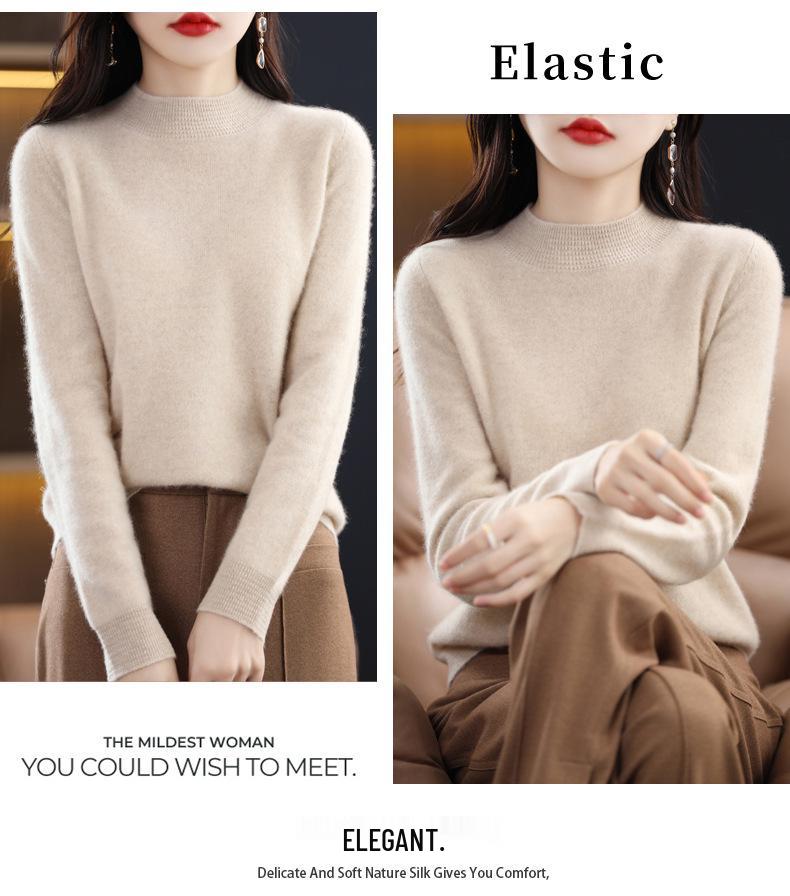 Women's Cashmere Sweater - Autumn/Winter, Solid Color, Loose Pullover, Half-High Collar, Korean Style, Long Sleeve Knit Wool Base Layer.