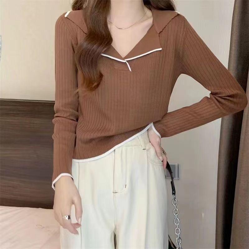 

Женский свитер с воротником поло, трикотажный базовый топ, футболка с длинным рукавом, свитер, осенняя блузка для весны и осени S