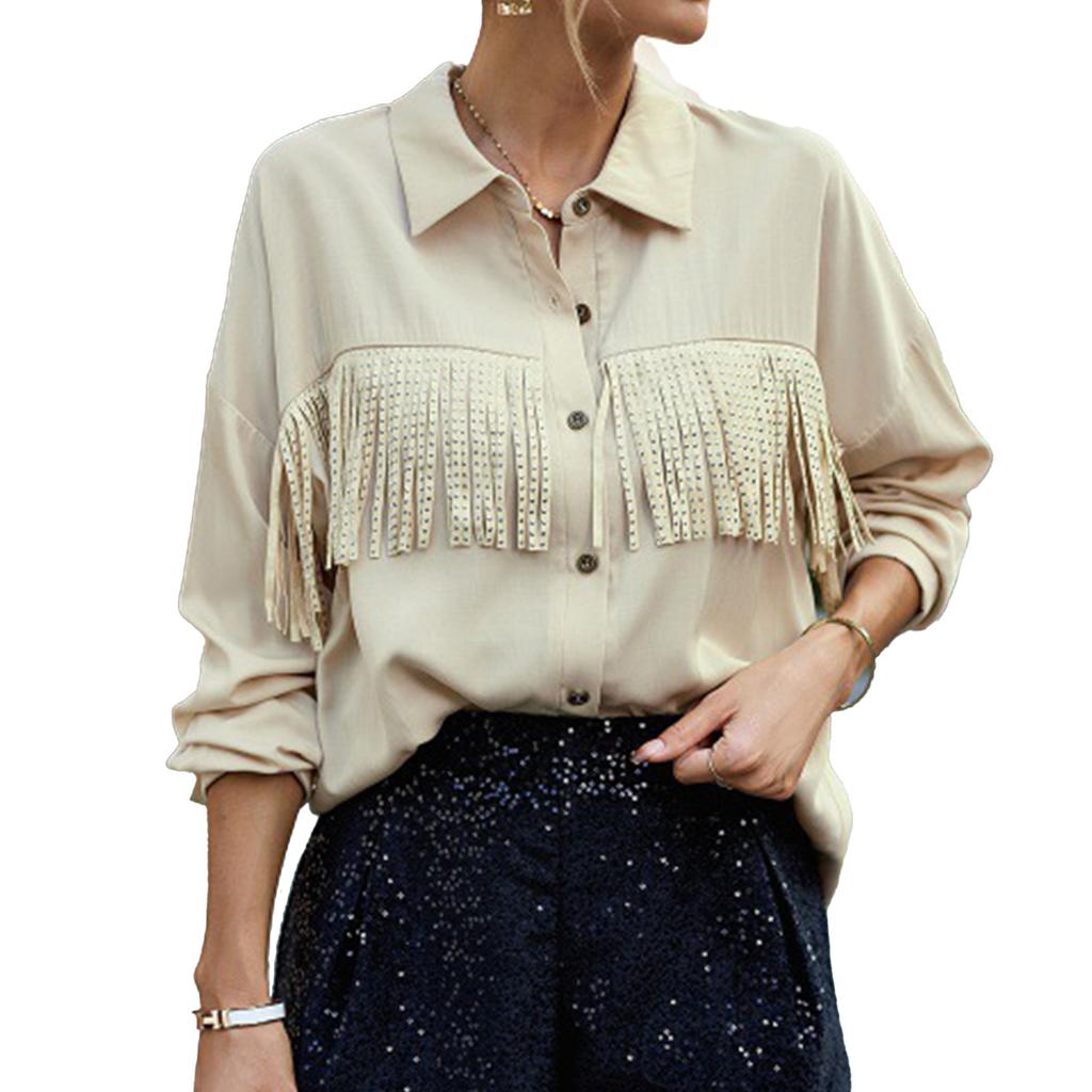 Tassel Long Sleeve Blouse Turn Down Collar Drop Shoulder Button Up Tassel Trim Blouse Shirt Apricot