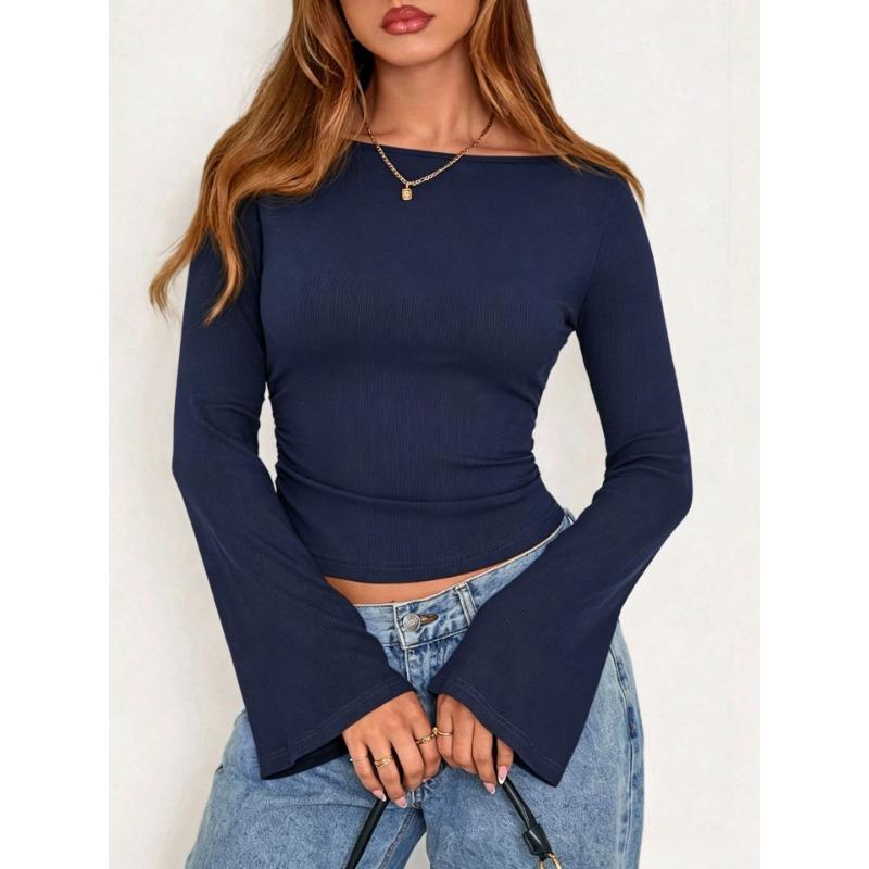 Damen Rundhals Cropped Ausgestellter Ärmel Y2k Figurbetont Vielseitig Lässig Langarm Top